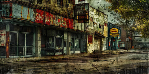 Fototapeta premium Deserted Dreams: A forsaken small-town main street, lined with empty storefronts and faded advertisements.