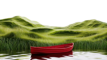 PNG Red boat amidst green hills
