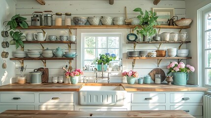 A shabby chic kitchen with white distressed cabinets, open shelving with vintage dishware, a farmhouse sink, pastel accents, a rustic wooden island, and soft, natural lighting, hd quality,