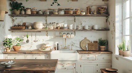 A shabby chic kitchen with white distressed cabinets, open shelving with vintage dishware, a farmhouse sink, pastel accents, a rustic wooden island, and soft, natural lighting, hd quality,
