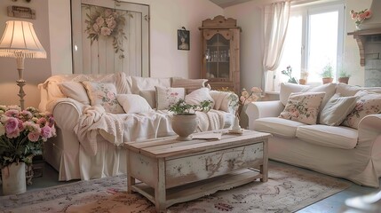 A shabby chic living room with distressed white furniture, floral patterned cushions, vintage decor, a cozy pastel color palette, rustic wooden coffee table, and soft, romantic lighting,