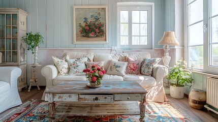 A shabby chic living room with distressed white furniture, floral patterned cushions, vintage decor, a cozy pastel color palette, rustic wooden coffee table, and soft, romantic lighting,