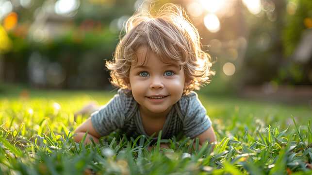 A small blond curly-haired blue-eyed boy in a T-shirt lies on his stomach on a green lawn on a sunny summer day and smiles, portrait - Powered by Adobe