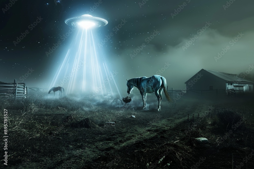 Poster A horse stands quietly on a foggy farm at night, bathed in the bright beam of light emitted by a hovering UFO, creating a scene of eerie curiosity and tension.