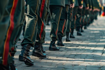 Closeup of army soldiers marching in formation on military parade ground