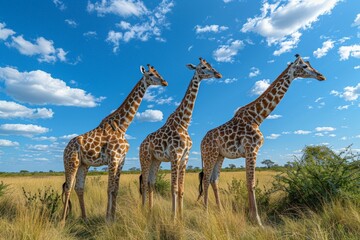 Obraz premium Three giraffes standing in the savannah under a bright blue sky with scattered clouds.