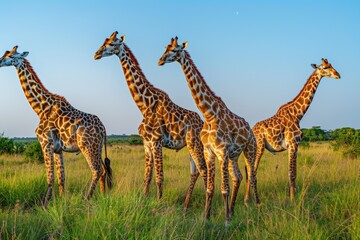 Obraz premium Three giraffes standing in the savannah under a bright blue sky with scattered clouds.