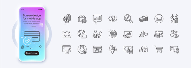 Business vision, Savings and Renew card line icons for web app. Phone mockup gradient screen. Pack of Salary, Deflation, Business results pictogram icons. Vector