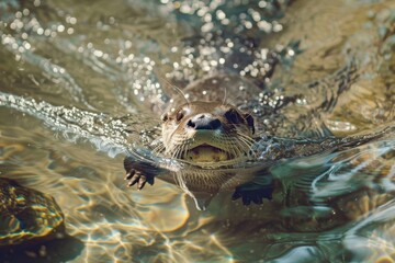 A close-up of a European otter swimming gracefully in a clear river. 