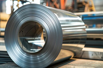 Close-up roll of stainless steel, background with copy space. Roll of thin metal sheets in a factory, industry