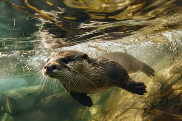 Naklejka premium A close-up of a European otter swimming gracefully in a clear river. 