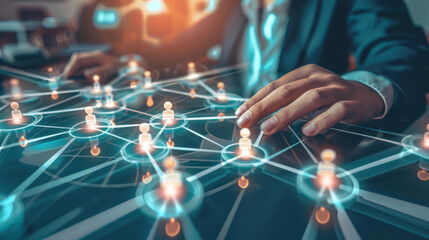 Businessman strategizing customer engagement using CRM tools, network technology visuals