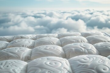 Closeup white modern mattress on the white fluffy clouds in the sky with copy space background