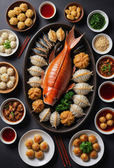  Traditional Chinese Lunar New Year feast with a whole roasted fish and dumplings. 