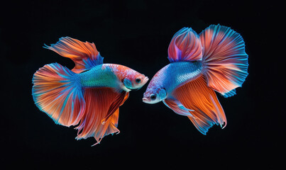 Fototapeta premium Beautiful movement of Fullmoon betta fish, Two Fancy Fullmoon Betta, The moving moment beautiful of Siamese Fighting fish, Betta splendens, Rhythmic of Betta fish isolated on black background