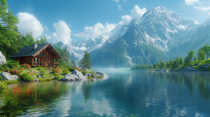 Naklejka premium Photo of a small wooden house on the shore of a beautiful mountain lake, on a summer day