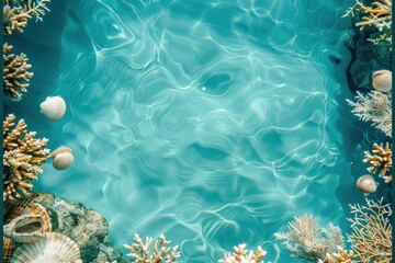 corals and shells frame an empty blue-green sea background, copy space