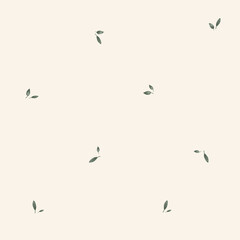 Simple minimalistic repeating seamless pattern of green leaves. Hand drawn illustration scandinavian leafs on isolated background.
