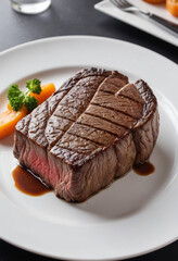  Close-up of a 3D printed steak on a white plate. 