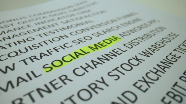Close up shot of woman hand working with document, yellow marker in female hand marked highlighted a word social media in text.