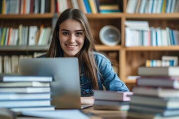 Determined college girl sitting at a study desk, surrounded by books and papers, smiling as she complete