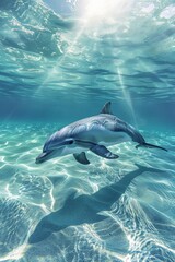 Fototapeta premium A dolphin glides effortlessly under crystal clear waters, with bright sunlight illuminating its graceful form, creating a peaceful underwater scene full of light and calm.