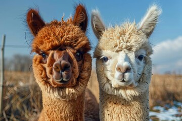 Obraz premium Close-up of two adorable alpacas with fluffy fur standing side by side under a bright blue sky.