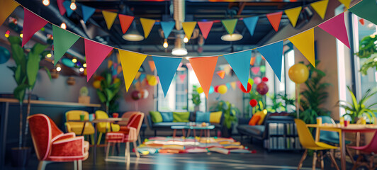 Colorful office party decorations. Vibrant bunting hangs across a modern office space with stylish furniture and lighting