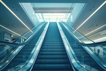 Obraz premium Empty escalator stairs in shopping center, nobody. Minimal interior of shopping or business center. Futuristic stylish room