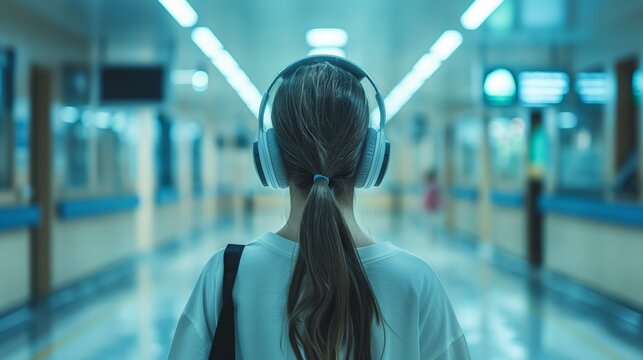Teenage girl waiting in hospital corridor, listening music.