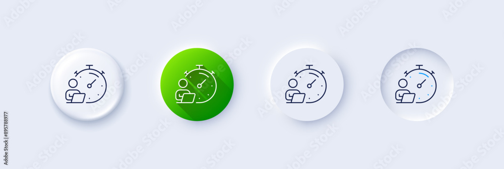 Poster work timer line icon. neumorphic, green gradient, 3d pin buttons. task stopwatch time sign. online c
