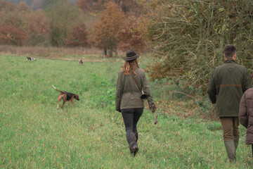 Promenade en for&ecirc;t avec des chiens de chasse en automne