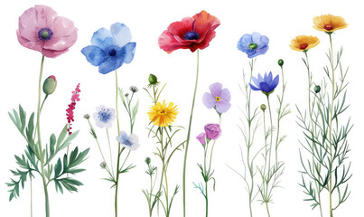 Wild flowers set, watercolor digital illustration. Perfectly for poster, card design. Mother's Day, Birthday, Valentine's day decoration