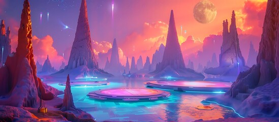 A futuristic planet with massive glowing spires, neon lakes, and floating holographic platforms under a vibrant, electric sky.