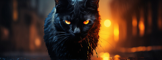 Determined Black Cat with Fiery Eyes Walking Down Wet Street at Night