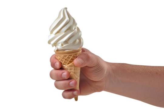 A hand reaches out towards the viewer, holding a soft-serve ice cream cone, captured against a pure white backdrop.