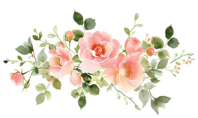 Obraz premium Bouquet made of pink watercolor flowers and green leaves, wedding and greeting