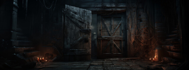 Abandoned Entrance with Open Door and Flickering Candles