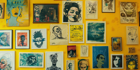 Obraz premium The Tangible Tide: An array of hand-drawn posters, hung on a vibrant yellow wall