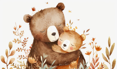 Mom and baby bear and leaves and flowers; can be used for cards or baby shower or mother's day posters; watercolor hand draw illustration; transparent background