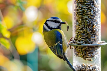 Obraz premium A colorful Eurasian blue tit feeding on sunflower seeds from a bird feeder in a garden