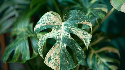 Detailed view of a rare Monstera with its variegated leaves