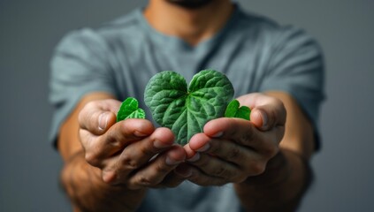 Close up of a person holding green heart shaped leaves in his hand on a grey background 