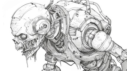 Line art drawing of a zombie mutant robot character