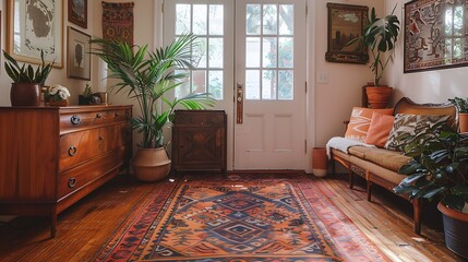 An eclectic entryway with a mix of vintage and modern furniture, bold patterned rug, diverse art pieces, plants, and unique lighting, creating a welcoming and dynamic entrance, hd quality,