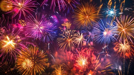 Naklejka premium Colorful Fireworks Display at Night with Streaming Lights Popular Pyrotechnic Show During the Summer Especially on Independence Day