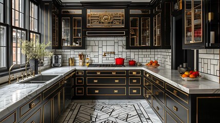 An art deco kitchen with sleek black and gold cabinetry, marble countertops, geometric tile backsplash, brass fixtures, and luxurious lighting, combining elegance and functionality, hd quality,