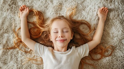 Above view playful beautiful little girl relaxing at home, spread her arms and legs lying on warm floor, looks carefree, feel happy, spend free time indoor