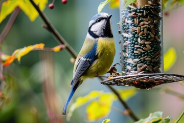 Fototapeta premium A colorful Eurasian blue tit feeding on sunflower seeds from a bird feeder in a garden