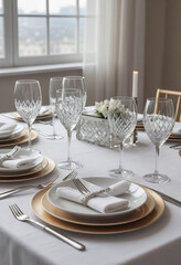  Photo of a table setting with elegant cutlery, crystal glasses, and a white tablecloth. 